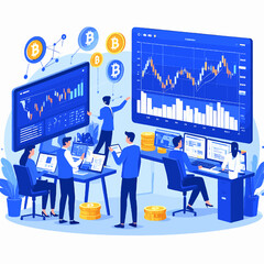 Poster - Team Analyzing Financial Data with Charts and Gold Coins in a Blue and White Setting Vector Illustration