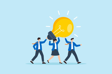 Poster - Flat illustration of business team carrying glowing lightbulb together to represent teamwork creativity innovation and shared ideas