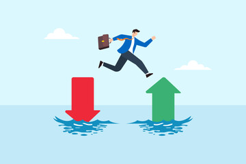 Aufkleber - Flat illustration of businessman jumping from red down arrow to green up arrow over water to symbolize transition from failure to success and positive growth