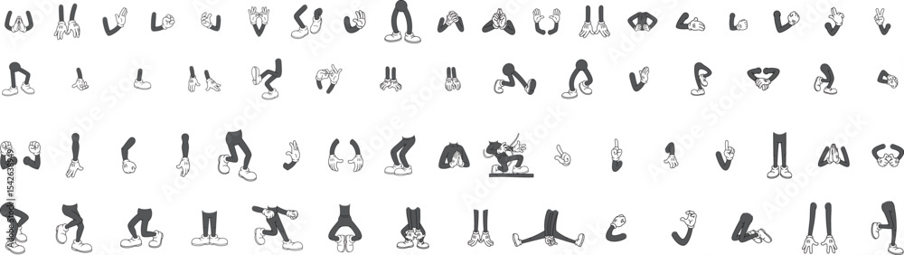 Two Part Leg Sprite etro Cartoon Limb Parts Kit: Isolated 2D Hands and Legs in Classic Toon ...