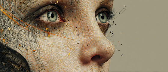 Poster - Close up of a woman's face with circuit board patterns and green eyes