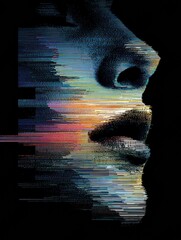 Poster - Glitch Effect Highlights Emotional Confusion Through Abstract Face Outline With Vibrant Colors Against Dark Background