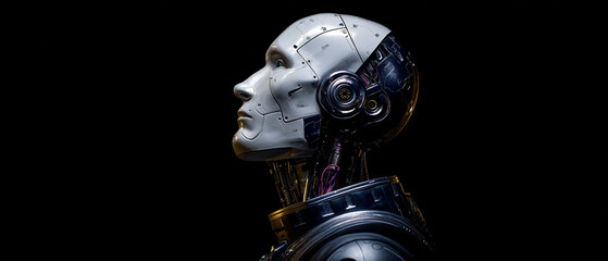Poster - Profile view of a futuristic humanoid robot against a black background