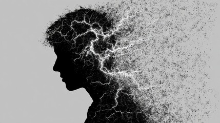 Poster - Electric Energy Surrounds Stressed Silhouette Conveying Emotional Turmoil and Mental Chaos During an Intense Moment of Reflection