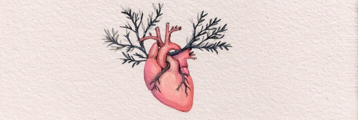 Poster - Heart Illustration With Delicate Branches Showing Connection Between Emotion and Nature in a Creative Art Style