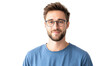 © kageyama - A young man with glasses smiles confidently at the camera. showcasing a casual blue t-shirt against a clean white background. ideal for personal branding or lifestyle imagery