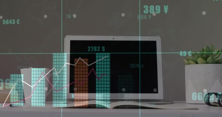 Poster - Numeric indicators fading into laptop causing grid scaling, bars and lines rising to show growth