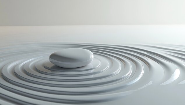 A smooth, light gray stone rests in the center of concentric ripples on a white surface
