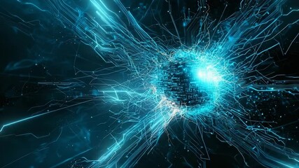 Poster - A glowing blue digital core with radiating circuit-like lines on a dark background, representing technology and data flow.
