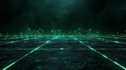 Poster - A glowing digital grid with neon green lines creates a futuristic, high-tech landscape against a dark, misty background.