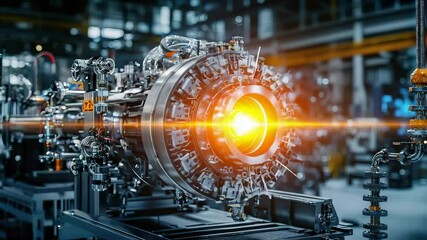 Aufkleber - A high-tech machine with a glowing core, resembling advanced industrial or scientific equipment in a modern factory setting.