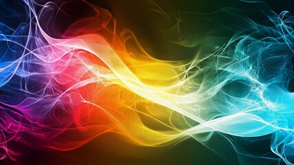 Poster - Vibrant abstract waves of blue, orange, and pink light intertwine on a dark background.