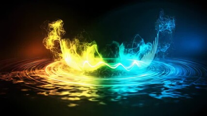 Poster - A vibrant digital wave pulse with glowing smoke effects and colorful light rings on a dark background.