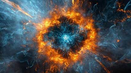Poster - A vibrant, fiery explosion of swirling orange and blue energy set against a dark background.