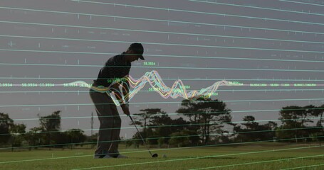 Poster - Mid-adult golfer stepping up tee aligning stance and swinging club with sports graphs, grid overlay
