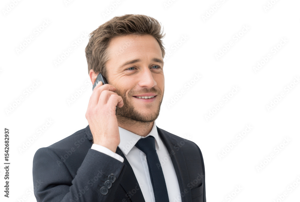 A well-dressed young man in a suit smiles while talking on his smartphone. conveying confidence and professionalism against a clean. white background. ideal for business or communication themes