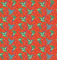 Wall Mural - Folklore ornament with green coleus leaves and small flowers and branches with berries on an orange background. Boho print for fabric. Beautiful pattern for a dress, scarf, tablecloth.