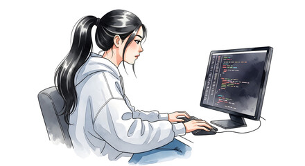 Young Woman Coding on Computer with Ponytail Illustration Style.
