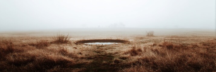 Poster - Fog Envelops a Desolate Landscape Featuring a Circular Pool and Vast Emptiness Under a Grey Sky at Dawn