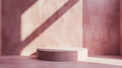 Poster - Pink plaster wall with geometric shadow and a round podium stage for product presentation