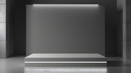 Poster - A minimalist gray podium with illuminated accents stands against a concrete wall creating a modern and clean presentation space