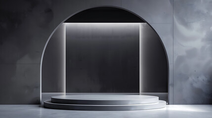 Poster - Minimalist concrete podium stage with arch and geometric shapes for product display and presentation in a modern interior