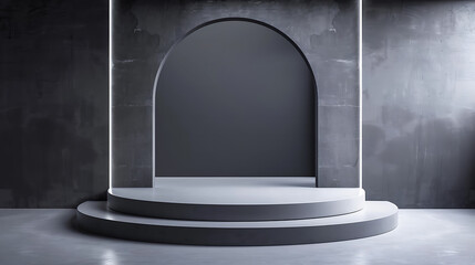 Poster - A minimalist gray podium with an arched backdrop and subtle lighting provides a modern and clean presentation stage
