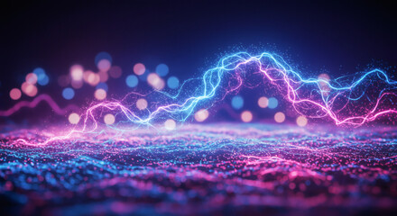 Poster - Abstract Energy Flow Neon Pink Blue Lightning Bolts on Glowing Particle Background