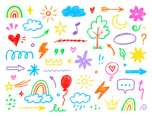 Poster - Hand drawn crayon child pencil style icon set. Cute rainbow, heart, crown, flower and sun in colorful kid doodle style. Chalk texture, cloud, smile, star and sketch figure for play or school design