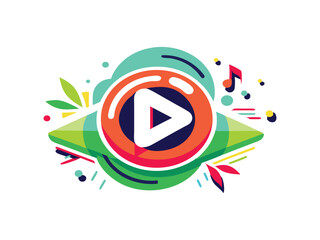 Poster - Abstract play button icon with music notes and colorful shapes isolated on white background
