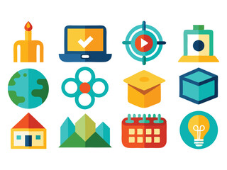 Poster - Twelve colorful flat design icons isolated on white background
