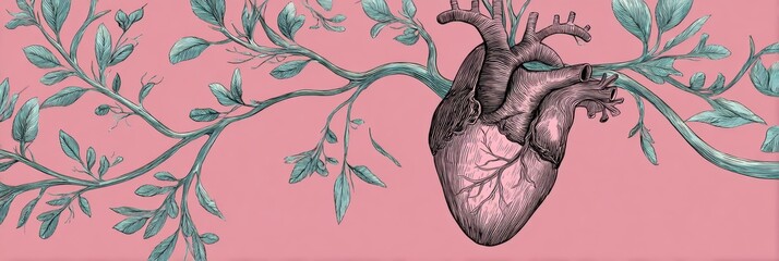 Poster - Heart Illustration With Flowing Branches Conveying Emotions and Nature Connection