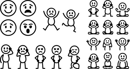 Poster - Emotions stick figures vector set illustration mood expression happy sad angry face character design graphic art editable stock vector illustration