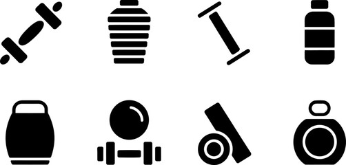Fototapete - Fitness gym equipment vector icons set dumbbell shaker barbell bottle kettlebell ball roller isolated 100 editable stock vector illustration
