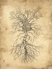 Aufkleber - Detailed Anatomical Nerves Diagram Showcasing Intricate Nerve Structures in a Vintage Hand-Drawn Style
