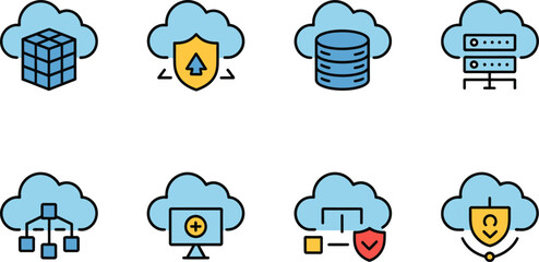 Poster - Cloud computing it network cyber defense server protection blockchain secure access frewage hosting icons editable stock vector illustration
