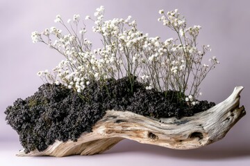 Poster - White flowers arranged on a driftwood planter.