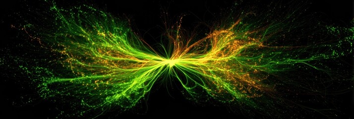Poster - Glowing Radial Nerve Network Radiating From a Central Point in Vibrant Green and Orange Hues Against a Dark Background