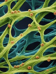 Aufkleber - Macro View of a Nerve-Like Organic Structure Exhibiting Vibrant Green and Blue Colors With Scattered Cellular Formations
