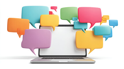 Poster - Open laptop with blank screen surrounded by colorful speech bubbles and quote marks, isolated on white background, concept of online chat and communication 
