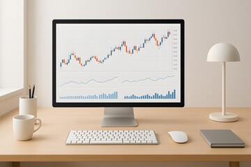 Aufkleber - Modern Home Office Workspace with Financial Chart on Monitor