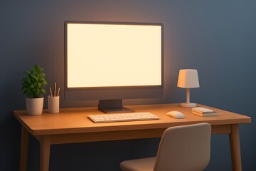 Poster - Modern Workspace with Blank Computer Screen and Minimalist Decor