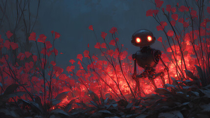 Fototapete - Small Black Robot Amidst Glowing Red Flowers at Night