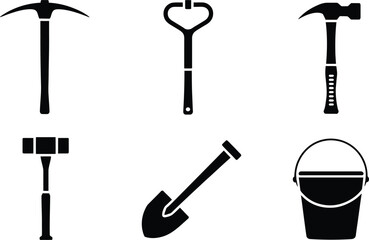 Poster - Minimalist silhouettes of construction tools including hammer shovel bucket and pickaxe isolated