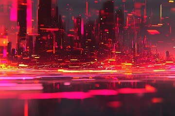 Aufkleber - Cyberpunk cityscape illustration with vibrant red and orange lights, futuristic, abstract