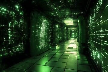 Aufkleber - Futuristic Sci-Fi Corridor with Glowing Green Data Streams and Circuitry Visuals, High-Tech Interior