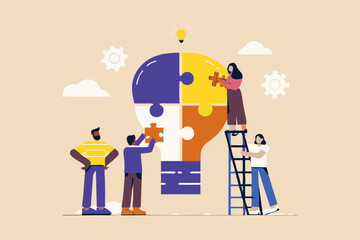 Poster - Teamwork and Collaboration to Build an Idea People Working Together to Complete a Lightbulb Puzzle Innovation and Problem Solving