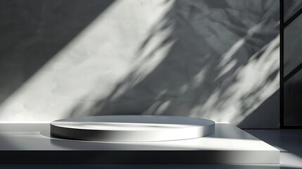 Poster - A minimalist white podium stands in a brightly lit room with shadows creating an abstract and modern presentation space