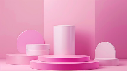 Poster - Pink podiums and geometric shapes create a modern display for product presentation in a studio setting