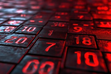 Fototapete - Hexadecimal number system tiles illuminated in red light showcasing a seamless pattern of characters, Red computer hexadecimal number system Seamless 3D render